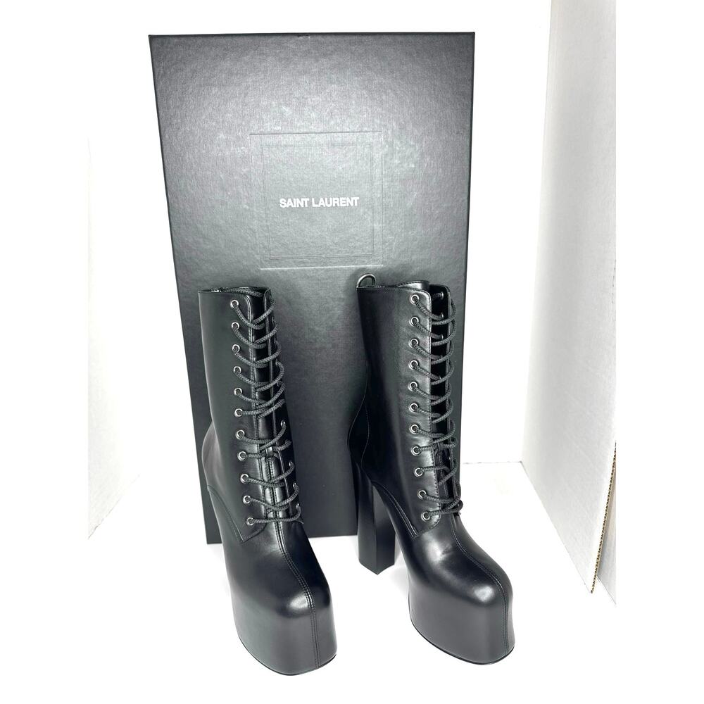 Saint Laurent Black Cherry Leather Platform Ankle Boots lace-up Designer EU 36.5 - Picture 3 of 14